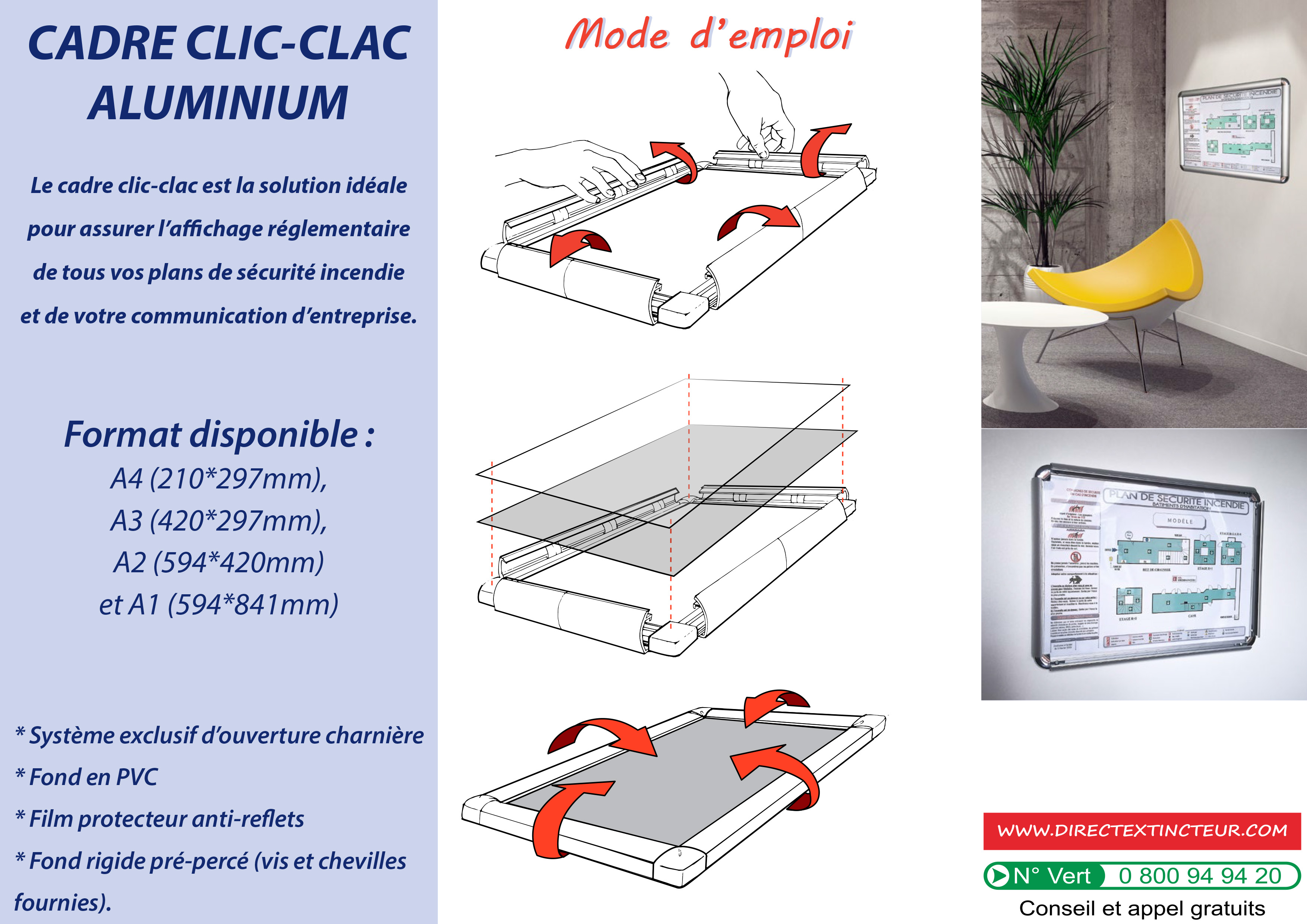 Plan d'évacuation format A3 (420x297) + Cadre alu + consignes 